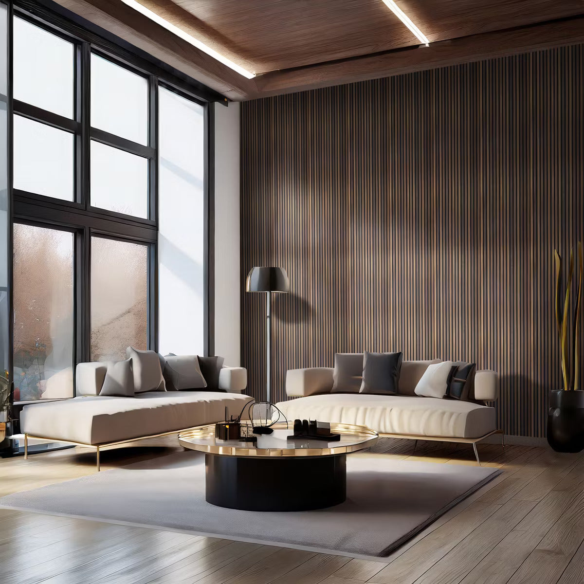 Akupanel acoustic slat panel full-height wall