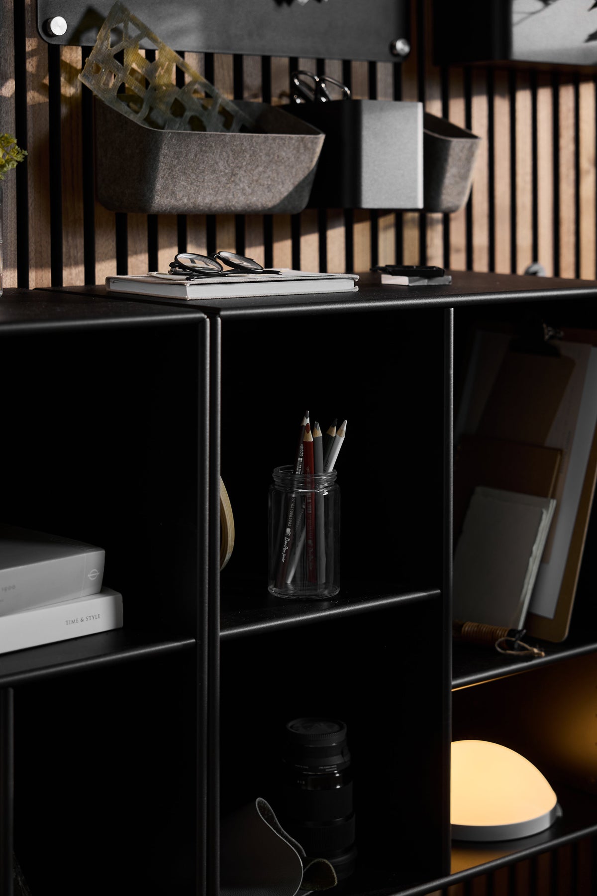 Arka Open Cabinet in black lifestyle setting